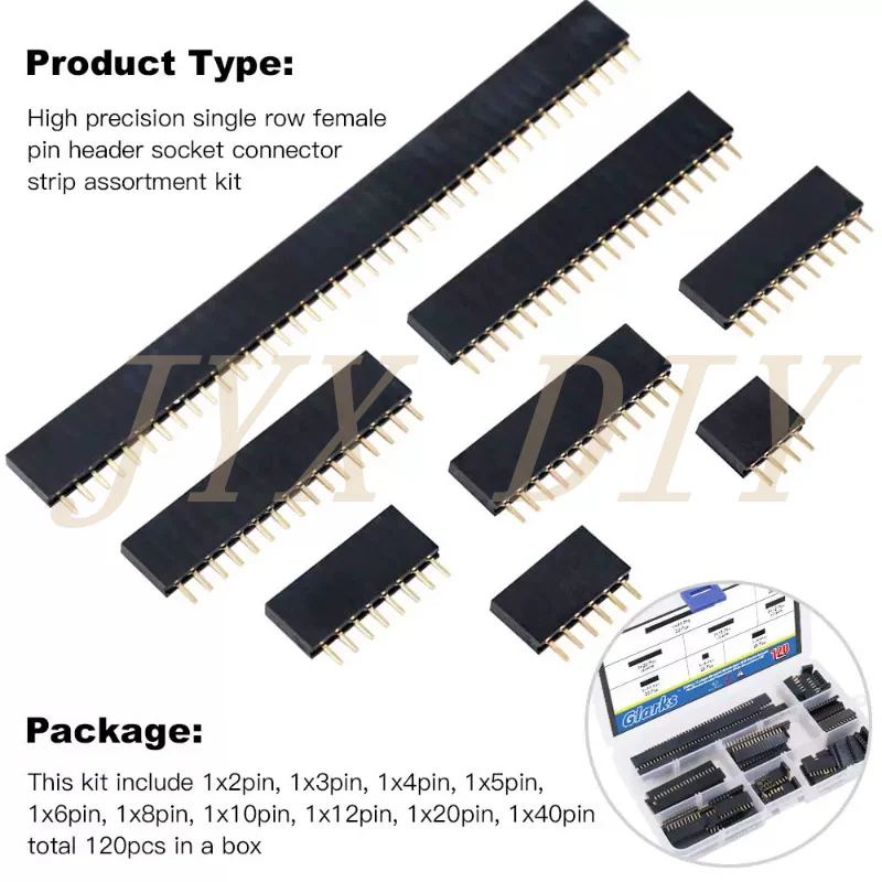 120Pcs 2.54mm 단일 행 암 헤더 소켓 커넥터 PCB 핀 헤더 소켓 모듬 키트 8 종류