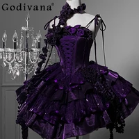 Original Halloween Cos Purple Lace Flower Slim-fit Fishbone Jsk Dress Lolita Gothic Girl Women's Romantic Party Short Dresses