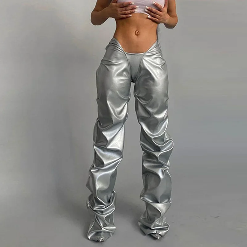 

Брюки KEXU V-образные женские с заниженной талией, модные штаны из искусственной кожи с многослойным узором, повседневные универсальные узкие брюки