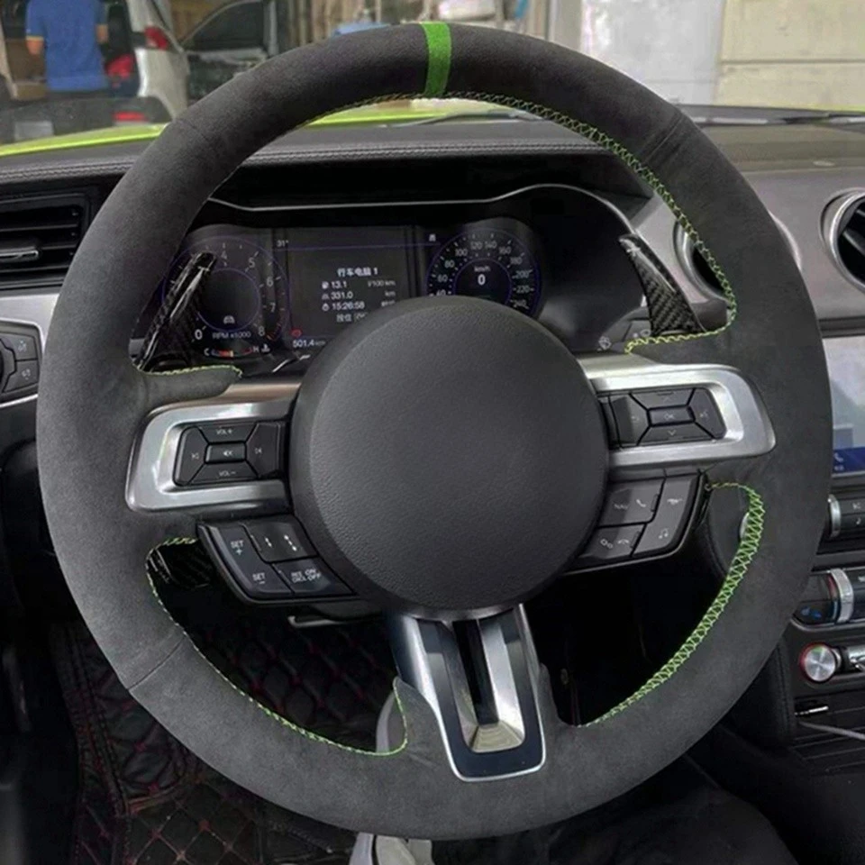 Schwarzer Echtleder-Wildleder-DIY-Auto-Lenkradbezug für Ford Mustang 2015–2019 / Mustang GT 2015–2019 Autozubehör – Detail 1