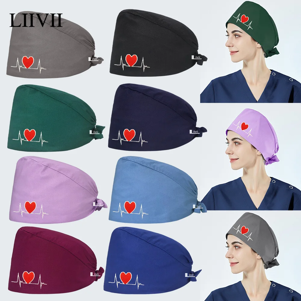 

8 Style Women ECG Embroidery Scrubs Caps Medical Scrub Hats Surgical Cap Adjustable Man Dustproof Work Hat Nursing Accessories
