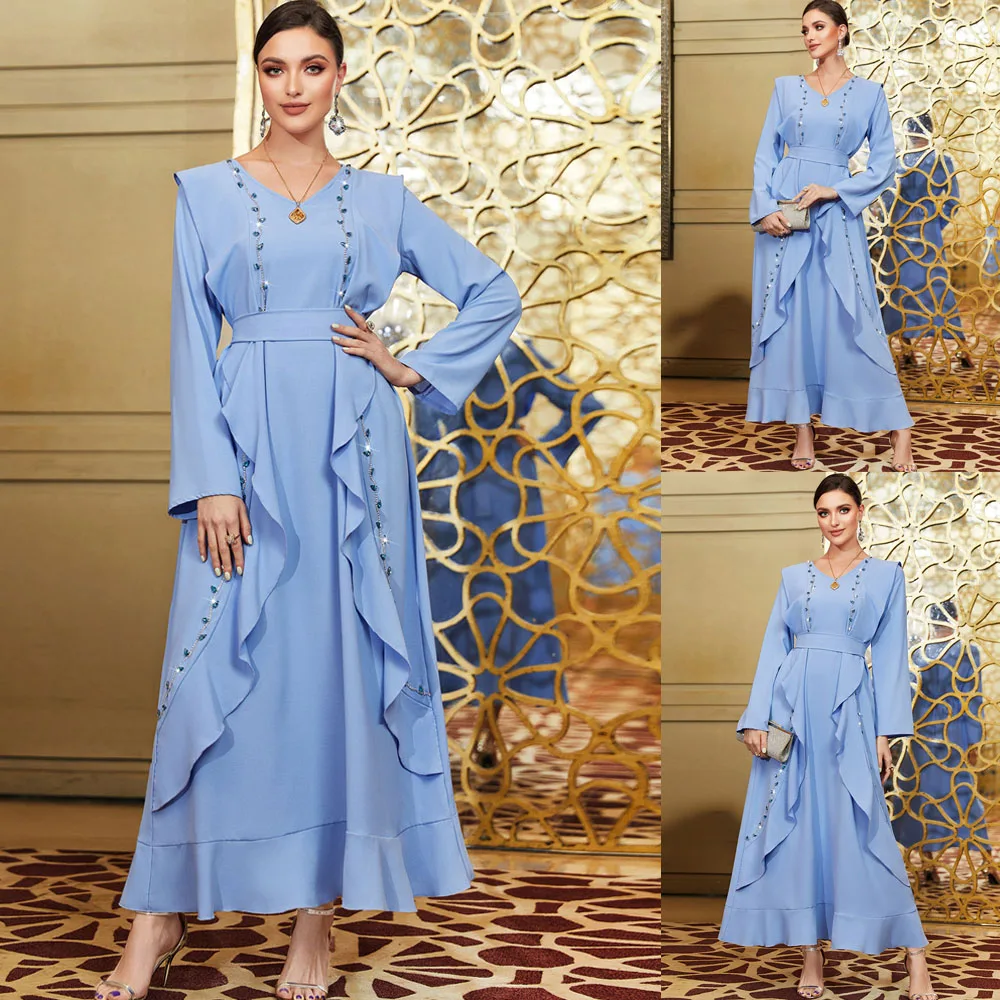 

Moroccan Jalabiya Kaftan Muslim Long Dress Women Islamic Arabic Abaya Dubai Turkey Rhinestone Party Evening Gown Belted Dresses