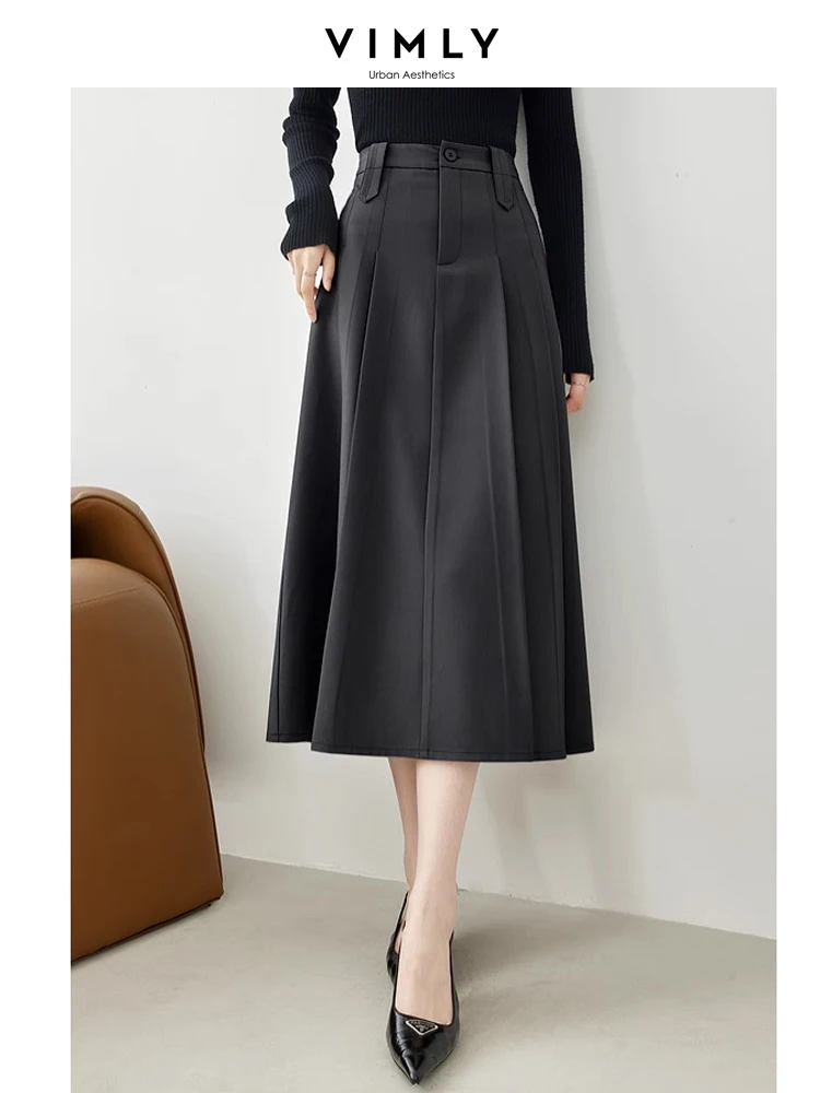 Vimly Elegant Grey Midi Pleated Skirt Women 2023 Autumn Winter Office Ladies Work Business Umbrella A Line Suit Skirt M3727