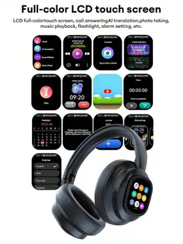 AI Translation Wireless Headphones, Magnetic LCD Touch Screen, Foldable Retractable Design, Real-time 115 Languages Translation, BT6.0, Multi-functions for Photo, Flashlight, Alarm & Voice Recording, AUX Wired Supported 3