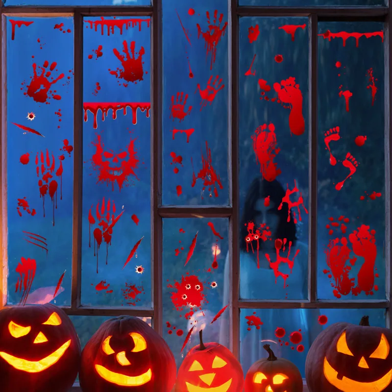 Halloween Bloody Hand and Footprint Static Stickers Holiday Party Window Glass Scene Decoration Stickers