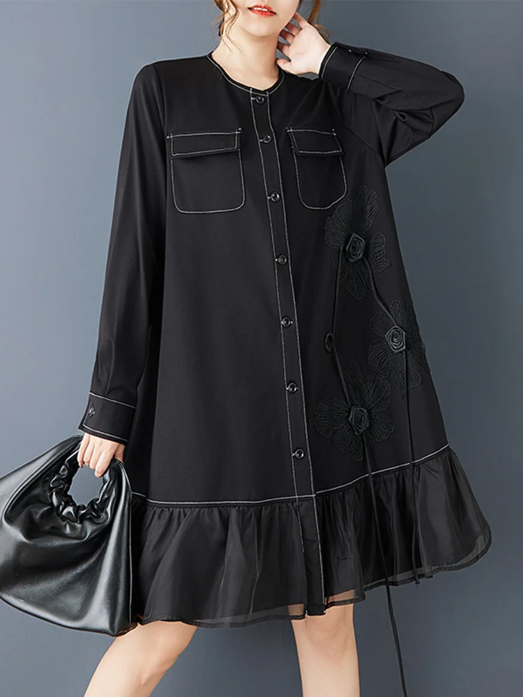 Long Sleeve Patchwork Mesh Oversized Shirt Dresses For Women New Loose Casual  Midi Dress Elegant Clothing Spring Autumn 2025