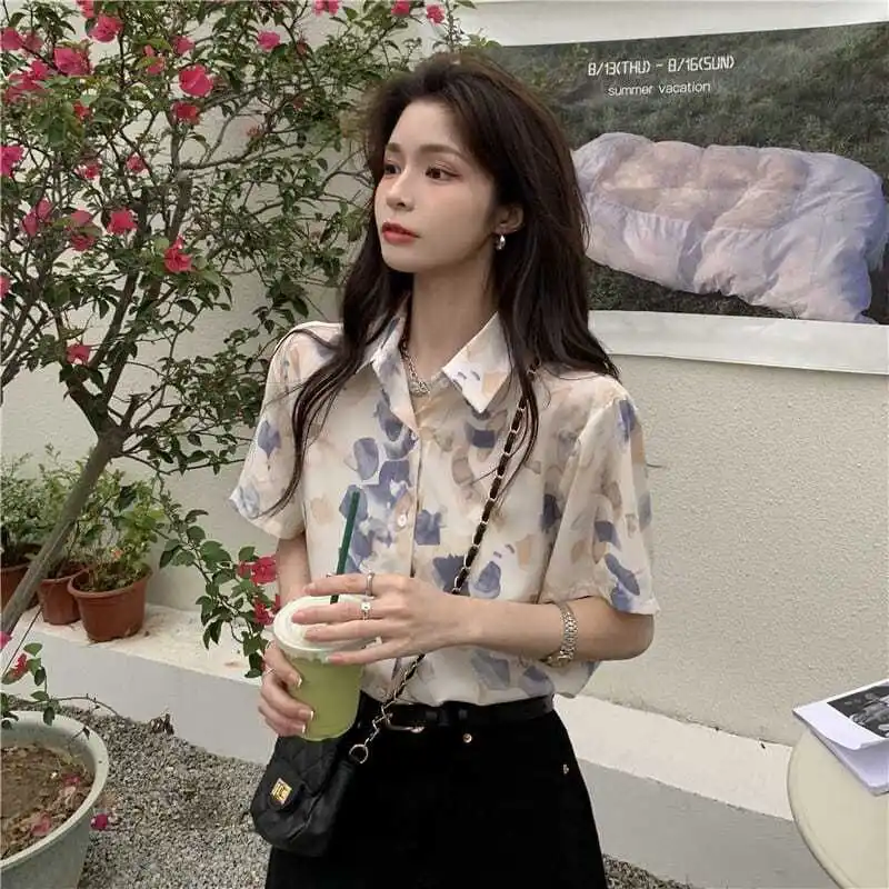 여성 프린트 폴로 칼라 반팔 블라우스, 슬림핏 여성 의류, 루즈한 올매치 캐주얼 상의, 하라주쿠, 우아한 패션, 여름