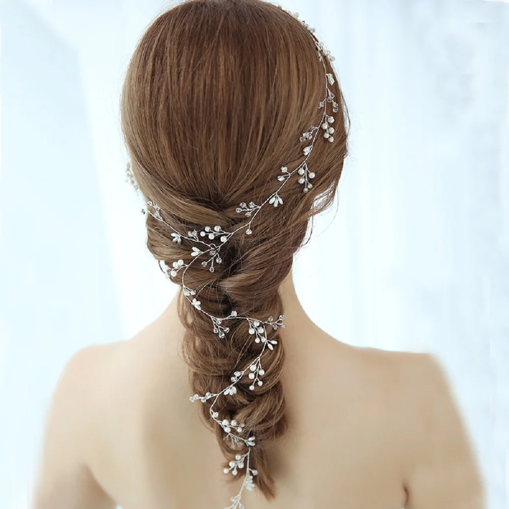 Handmade Gold Silver Color Long Crystal Headbands For Women Bride Pearls Wedding Hairband Hair Accessories Jewelry