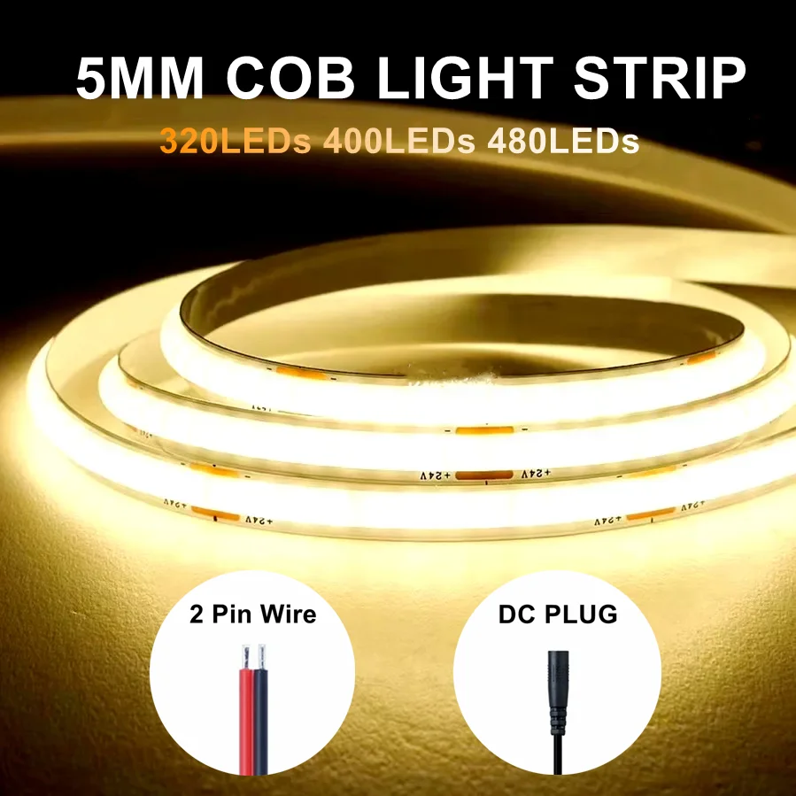 12V 24V DC Plug 5m High Density with Adhesive Backing 5MM Dimmable COB Light Strip Flexible Light Bar TV Staircase Decoration