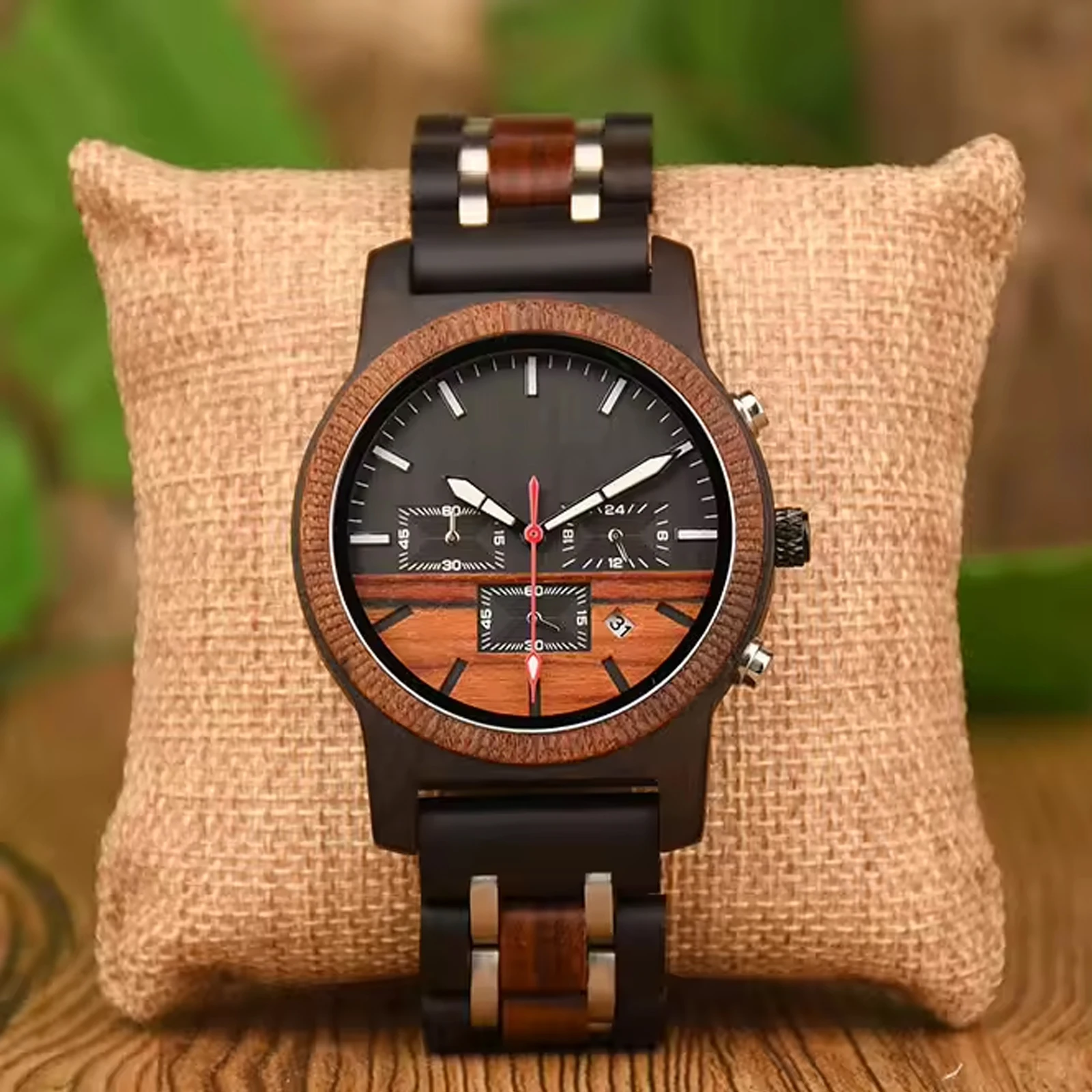 

FANDAO Mens Wooden Watch Natural Handmade Date Chronograph Wood&Stainless Watches Quartz Movement Luminous Hands Gift