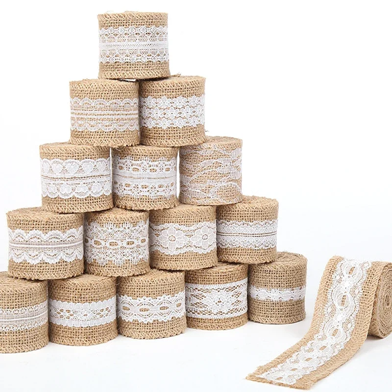 2M 5CM Natural Jute Burlap Rolls Hessian Ribbon with Lace Vintage Rustic wedding Decor Ornament Burlap Party DIY craft Supplies ribbon decoration ribbon supplies lace trim ribbon jute ribbon fabric craft supplies