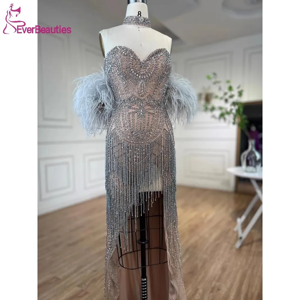 

Luxury Beaded Dubai Evening Dresses Mermaid Feathers Saudi Arabia Prom Dress Sweetheart Prom Gowns Backless Formal Party Dress