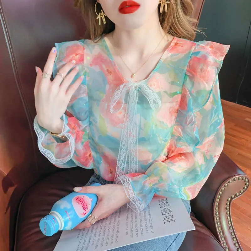

Spring Autumn New Printing Fashion Long Sleeve Blouse Women High Street Casual Elegant Button Patchwork All-match Pullovers
