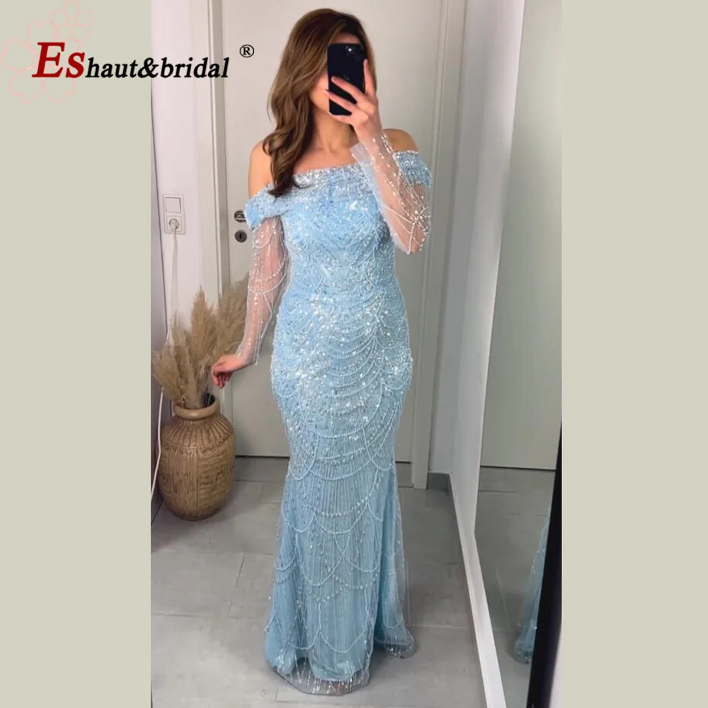 S38bef389400e4e81bf009e231dbde93ef Elegant Sky Blue Mermaid Pearls Evening Dress for Women Long Sleeves with Detachable Train Formal Prom Wedding Party Gowns Mallzona