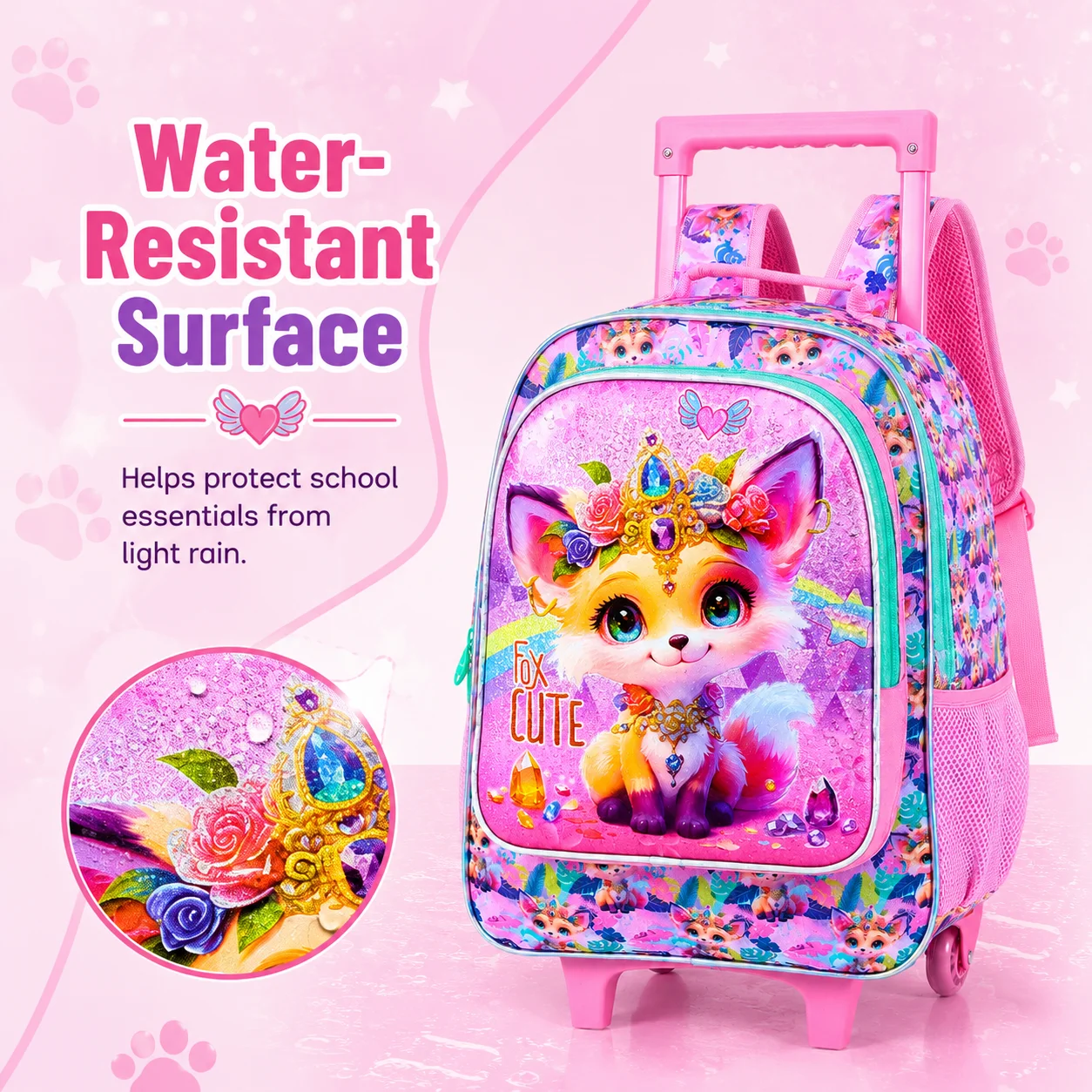 3Pcs Rolling Backpack for Girls, Kids Roller School Backpack with Wheels, Fox Wheeled Bookbag for Elementary Preschool Kindergar