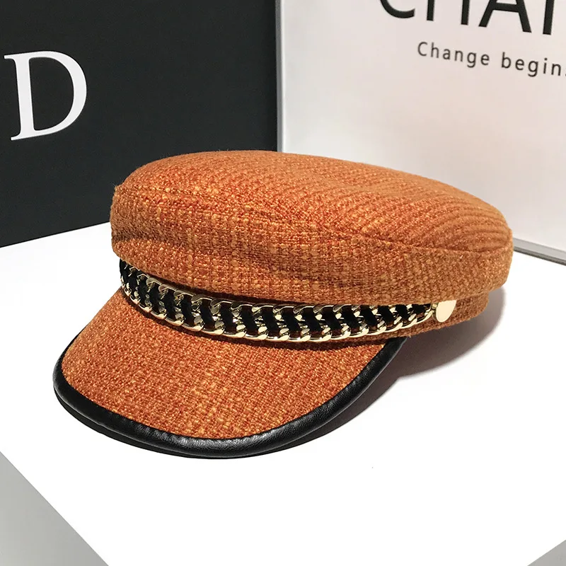 New Fashion Women's Flat Top Plaid Chain Military Hat Elegant Artist Black Korean Octagonal Beret Captain women military hat