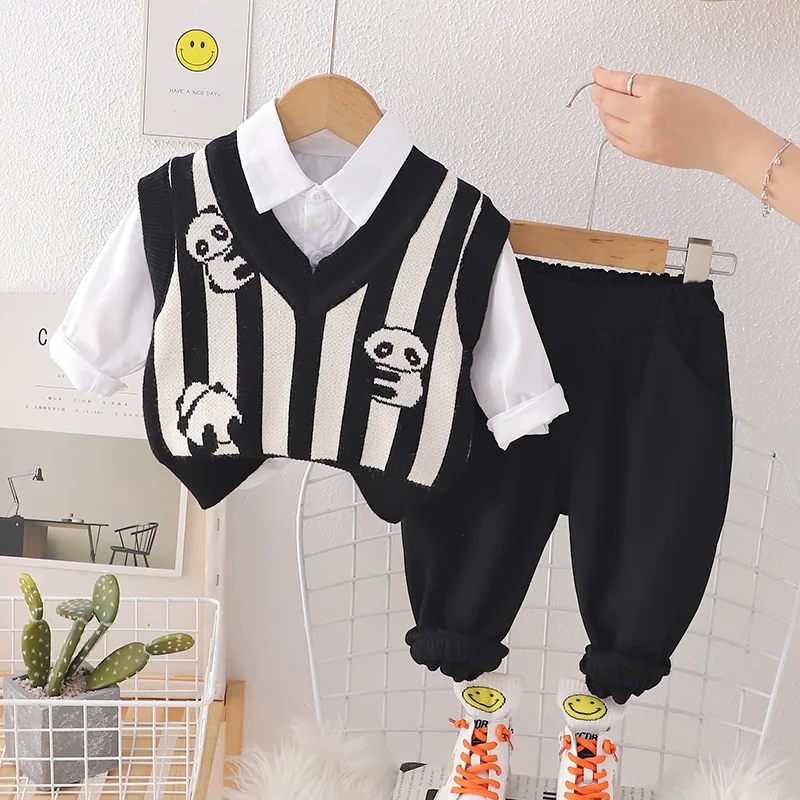 

0~5 Years Old Baby Suit Boy Baby Leisure Panda Sweater Vest Shirt Pants Three-Piece Set Autumn