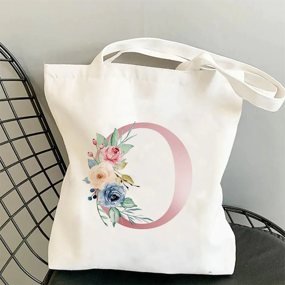Damen ABC Canvas Tote Umhängetasche Aquarell Blumen Initiale Rosa Blau Lila Blumen Minimalistisch Lässig Öko Handtasche Damen Tasche – Detail 19