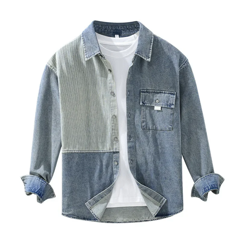 Men's Denim Color Blocking Striped Shirt Casual Loose Fit Long Sleeve Spring And Autumn Wardrobe Piece