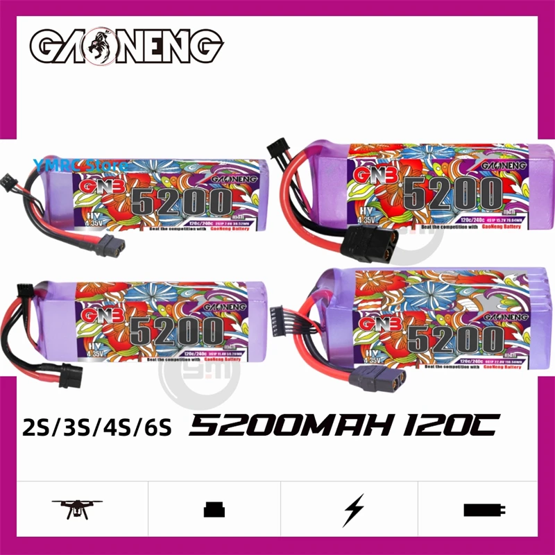 

Gaoneng GNB 5200mAh 2S/3S/4S/6S 7,6 V/11,4 V/15,2 V/22,8 V 120C HV LiPo батарея с XT60/XT90/T-Plug для RC автомобили лодки дроны