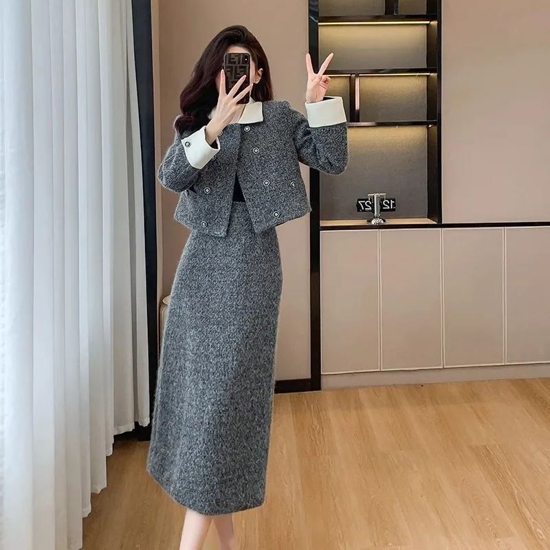 

High Quality French Small Fragrance Two Piece Set For Women Fashion Casual Jacket Coat+Slit Skirt Suits Sweet 2 Piece Outfits