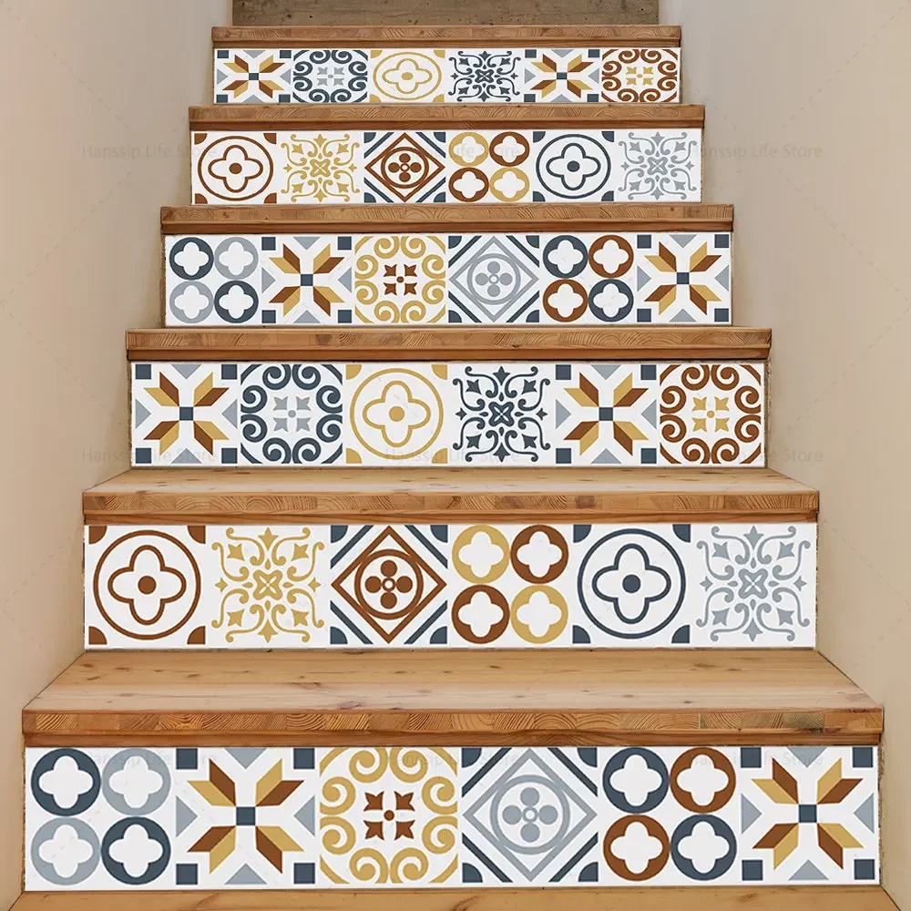 Retro Tile Geometric Stair Stickers Self Adhesive PVC Removable Floor Stairway Cover Art Staircase Decal Stairs Mural 6pcs/13pcs