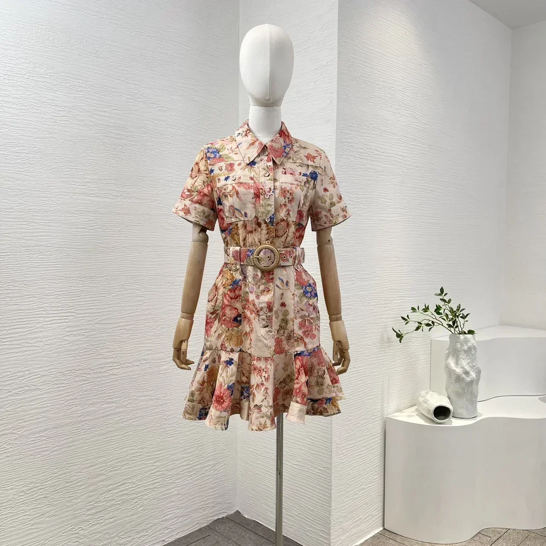 

Женское мини-платье с воланом, розовое винтажное платье с цветочным принтом и коротким рукавом, летняя одежда