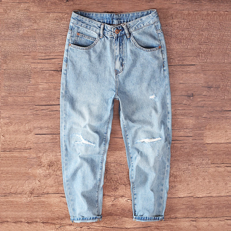 Spring/Fall European American Trendy Men's Denim Jeans Knee Ripped Distressed Light-Colored Loose Harem Tapered Pants