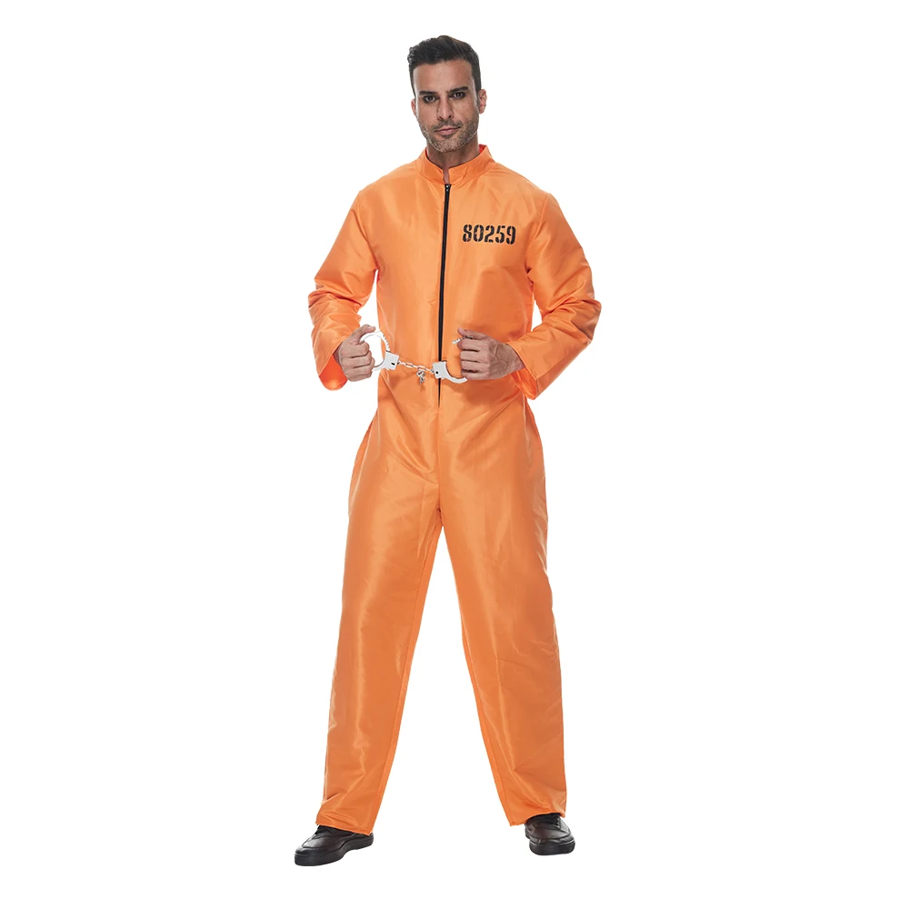 Eraspooky Men Prisoner Costume Adult Orange Prison Jumpsuit Jailbird Cosplay Uniform Outfit Halloween Carnival Party Dress Up
