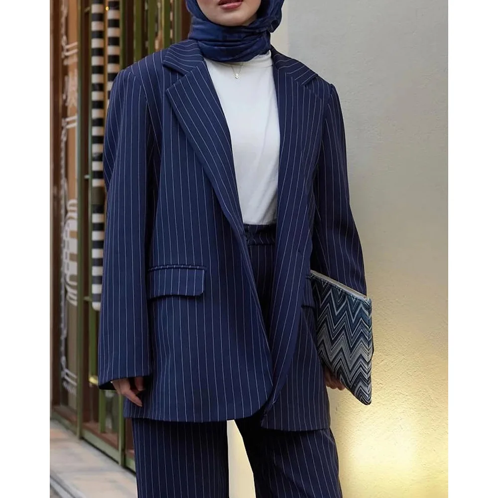Formal Single Breasted Peak Pinstripe Women Suits Loose Business Office Lady Outfits Tailor Made 2 Piece Jacket Pants Set