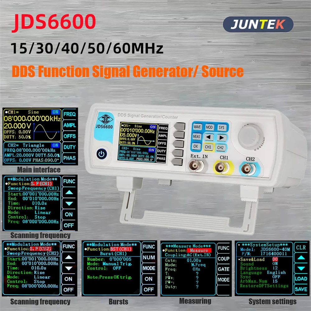 

Генератор сигналов JDS6600, 15/30/40/50/60 МГц, Функция DDS, двойной/2-канальный измеритель частоты, генератор произвольной формы импульсов