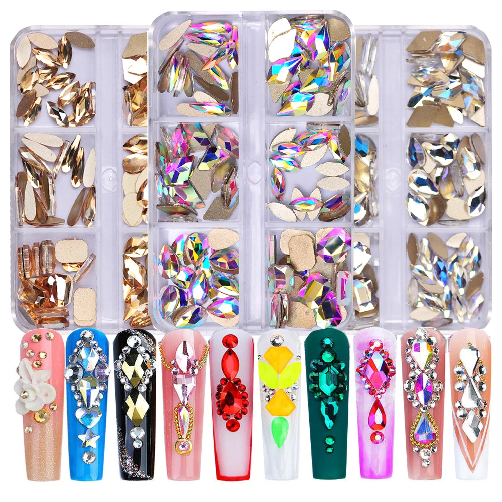 

1 Box/6 Grids 3D Crystal AB Nail Rhinestones Gold Silver Clear All Color Flat Bottom Mixed Shape DIY Nail Art 3D Decoration