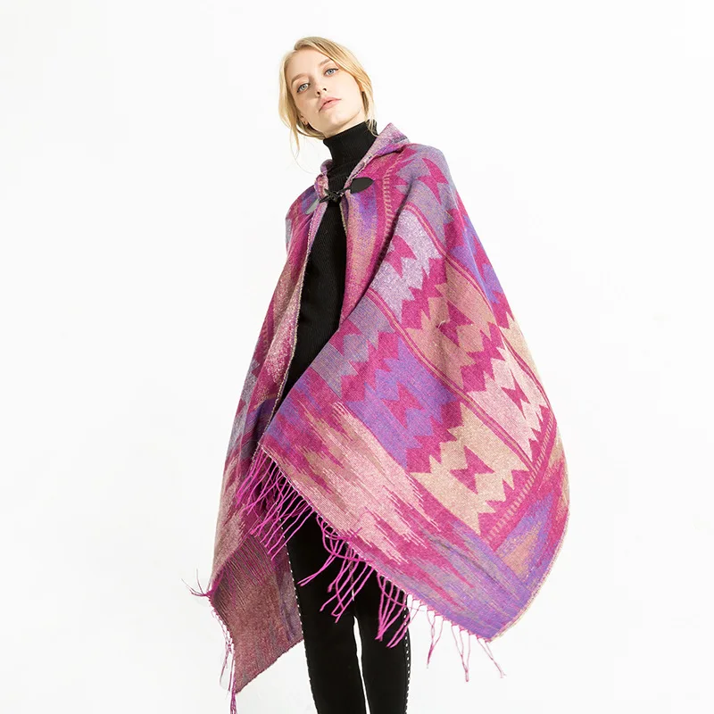 

2022 New Autumn Winter National Hat Cloak Air Conditioning Shawl Imitation Cashmere Tourist Scarf Women Cloak Poncho Capes Pink