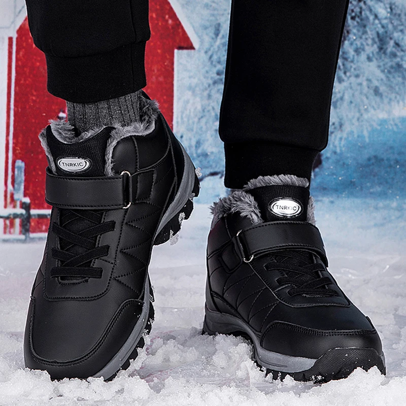 Winter Women Men Boots Waterproof Leather Boots Man Plush Warm Sneakers Man Outdoor Ankle Snow Casual Shoes Big Size