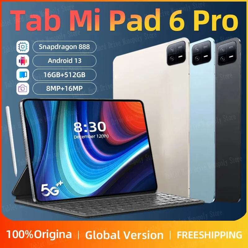 

2024 Original Pad 6 Pro Global Version Tablet PC 11 inch Snapdragon 888 10000mAh Android 13.0 16GB 512GB 5G HD 4K Screen WIFI Mi