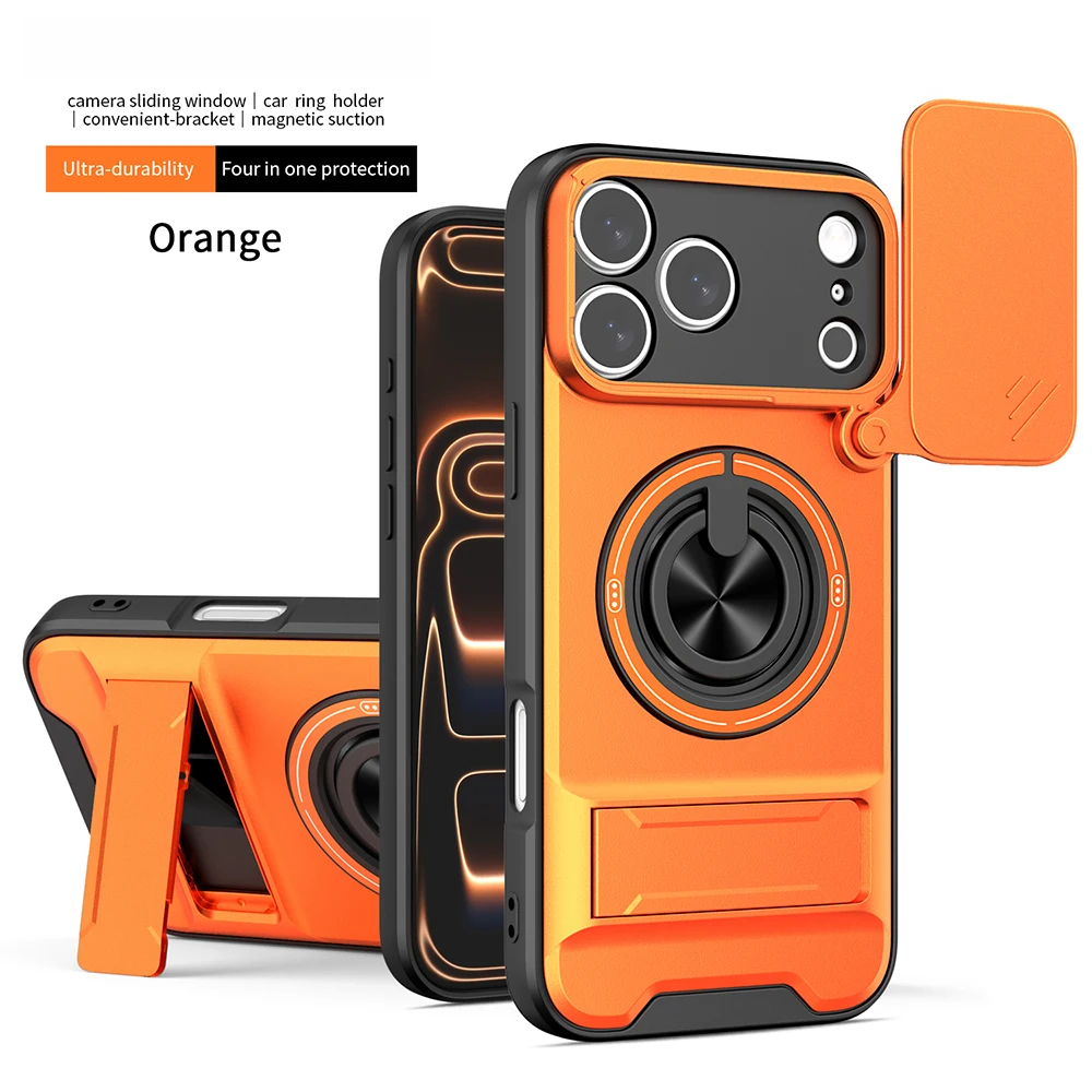 Armor Rugged Shockproof Magnetic Phone Case with Rotatable Ring Stand Cover and Camera Lens Protection