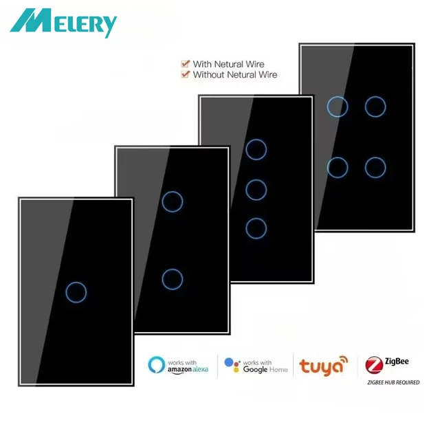 สวิตช์ไฟติดผนัง Melery Smart Zigbee แบบสัมผัสกระจก ควบคุมการเปิด-ปิด 2/3 ทาง ไร้สาย รองรับ Tuya Alexa Google Home 1