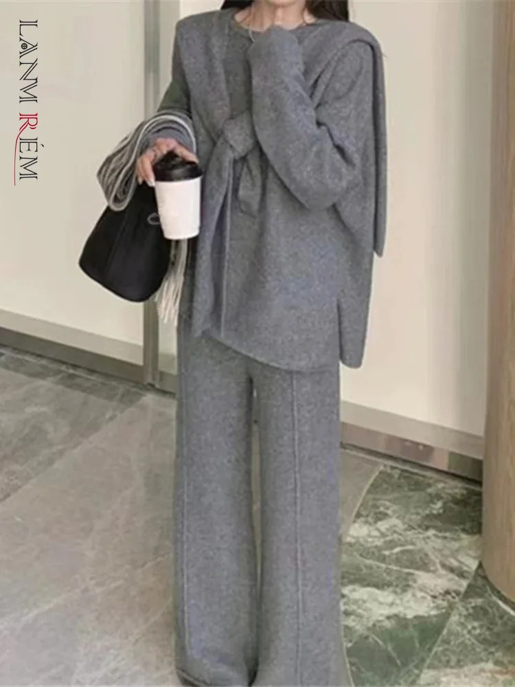 

LANMREM Women Casual Knitted 3 Piece Set Shawl Pullovers Sweater Wide Leg Pants Solid Color Fashion 2023 Winter New 2AA3830