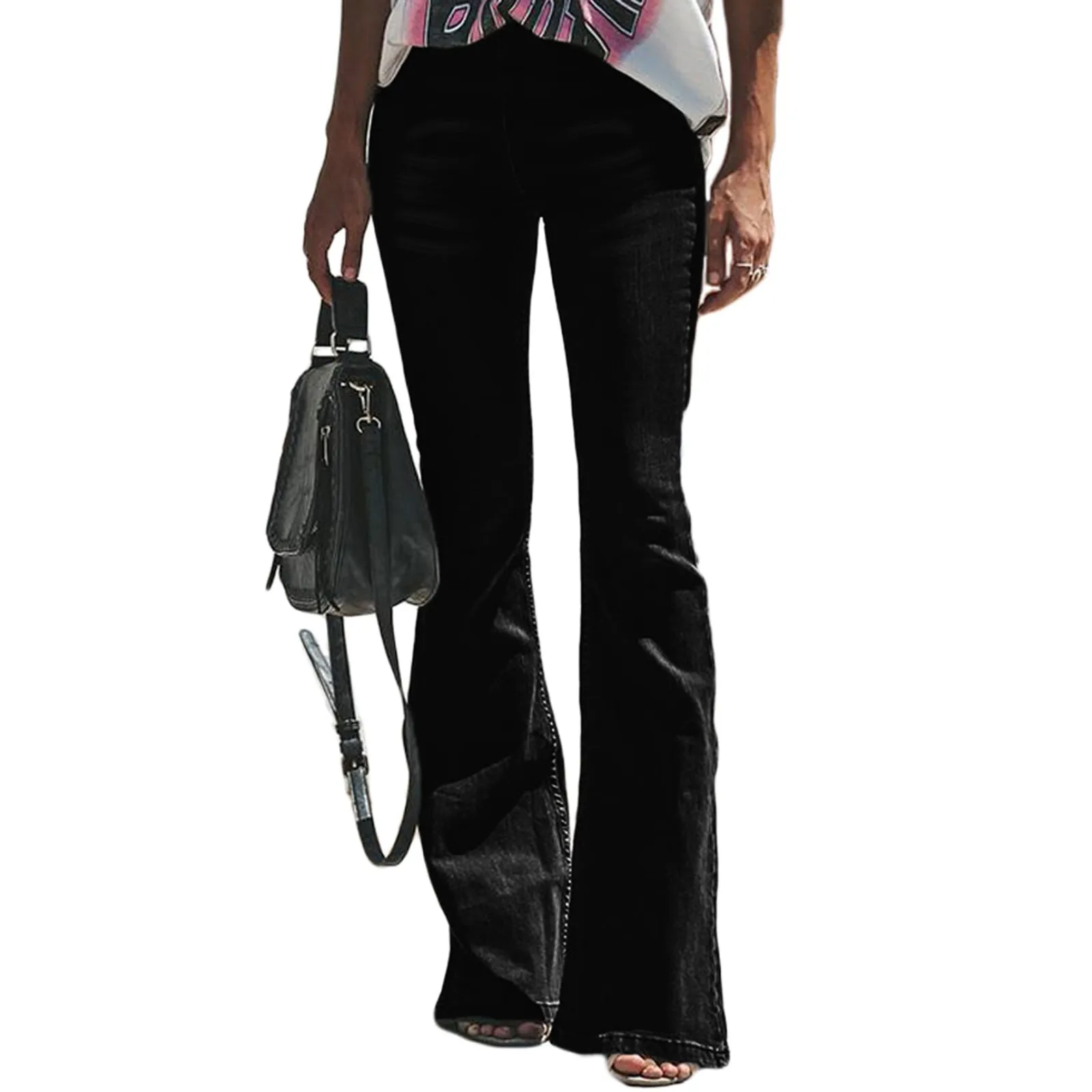 

Black Flare Jeans For Women Boyfriend Bell Bottom Jeans Flare Leg Jeans Stretchy Denim Pants With Pockets Simple, Fashionable