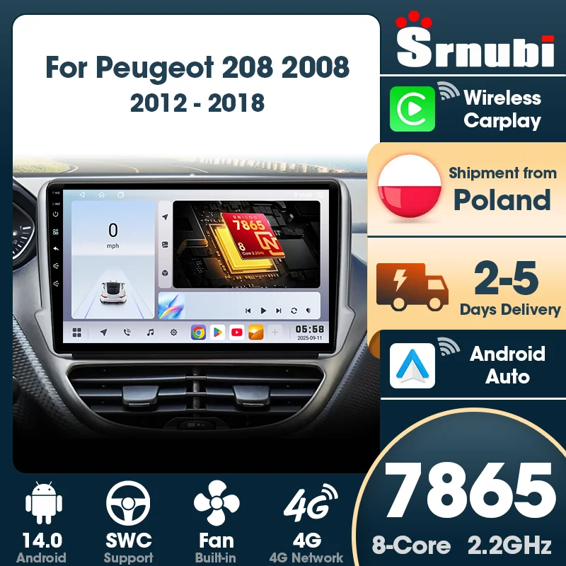 Radio para coche Srnubi 2 Din, Carplay, Android, para Peugeot 208, 2008, 2012-2018, navegador GPS, reproductor Multimedia, DSP UIS7865, Bluetooth 5,4, compatible con accesorios SWC 1
