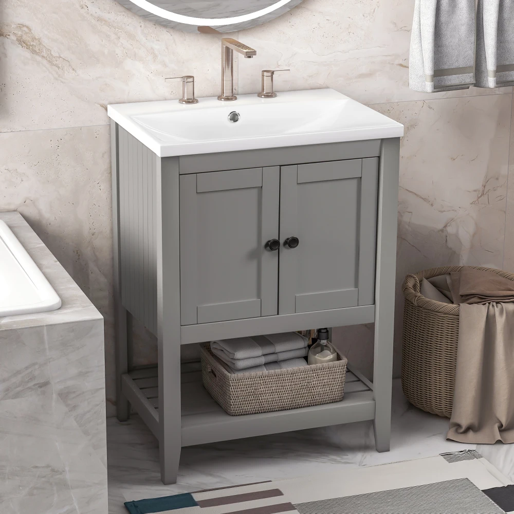 [VIDEO] 24" Grey Modern Sleek Bathroom Vanity Elegant Ceramic Sink With Solid Wood Frame Open Style Shelf (OLD SKU: JL000004AAE) 2