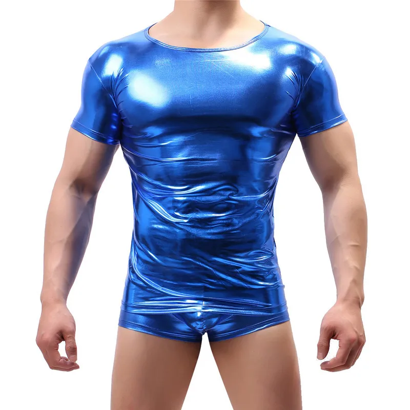 Sexy Men Clothes Set Shiny PU Leather Wet Look Short Sleeve Shirts Stage Nightclub Tops Boxer Shorts Underwear Men Undershirts Men Underwear