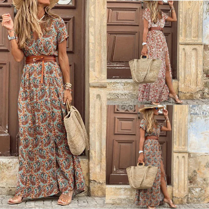 

The New Women's Fashion Printing Bohemian V-neck Waist Split In Floral Dress Temperament Is On Vacation Dresses