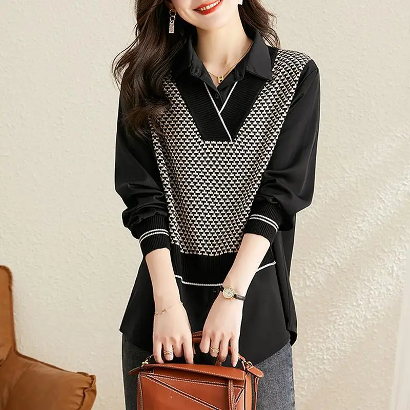 

Autumn and Winter Women's Pullover POLO Collar Solid Button Panel Loose Fit Long Sleeve Medium Length Sweater Shirt Fashion Tops