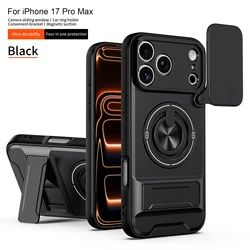 Enhanced Shockproof Slide Camera Case with Upright Kickstand and Magnetic Back - iPhone 15 Pro (Black)