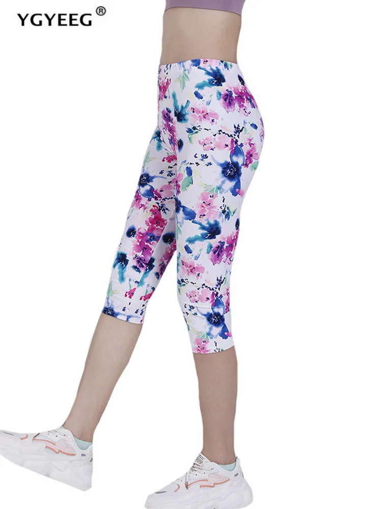 

YGYEEG Printed Leggings Women Summer Capri Pants Sexy High Waist Jeggings Spandex Female Fitness Thin Short Mid-Calf Clothes