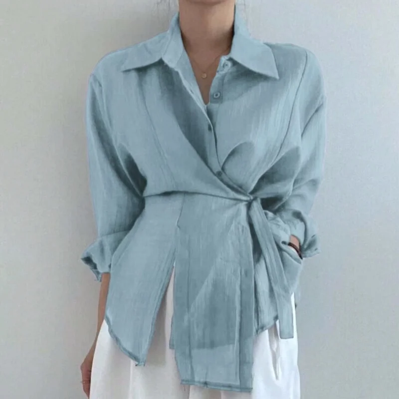 Women Long Sleeve Elegant Chic Solid Button Blouse