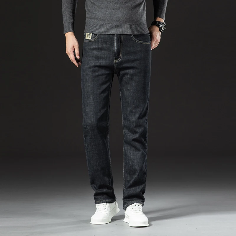 Classic Men's Business Casual Velvet Jeans 2024 New Winter Chinese Embroidery Straight Loose Warm and Comfortable Thick Pants 4