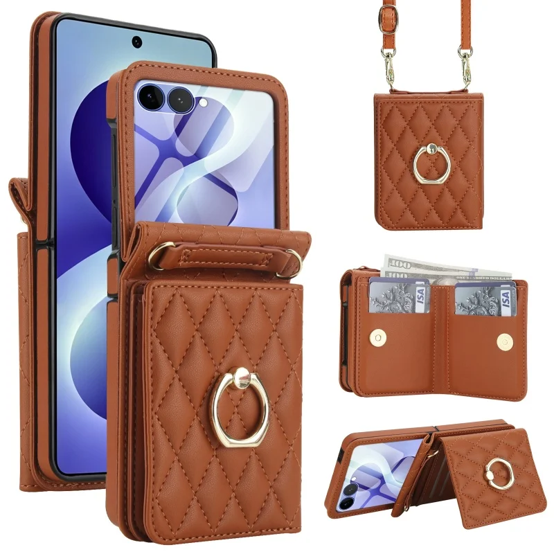 Lanyard Leather Wallet Phone Case with Ring and Card Holder