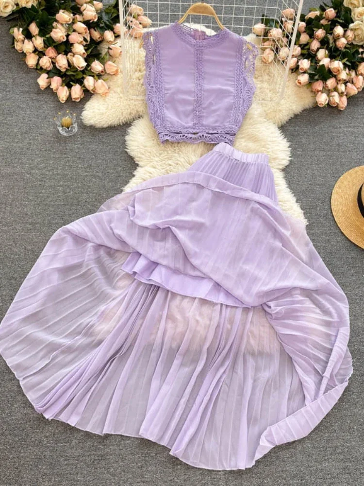 Beach Chiffon Two Piece Sets Women Summer Sleeveless Tank Tops Blouse and Pleated Long Skirts Outfits Ladies Elegant Suits